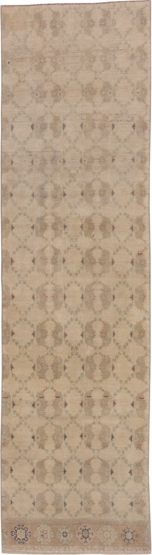 2' x 10' one-of-a-kind handmade vintage Oushak runner rug. Color palette: brown, gainsboro, gray, light gray, off-white