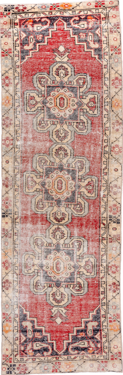 2' x 8' one-of-a-kind handmade vintage Oushak runner rug. Color palette: pink, gray, brown, red, orange, off-white
