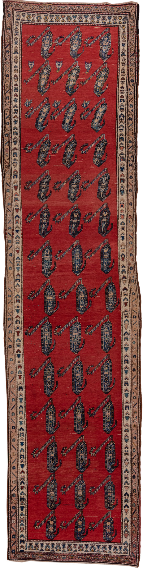 3' x 14' one-of-a-kind handmade vintage Malayer runner rug. Color palette: blue, brown, gray, pink, red