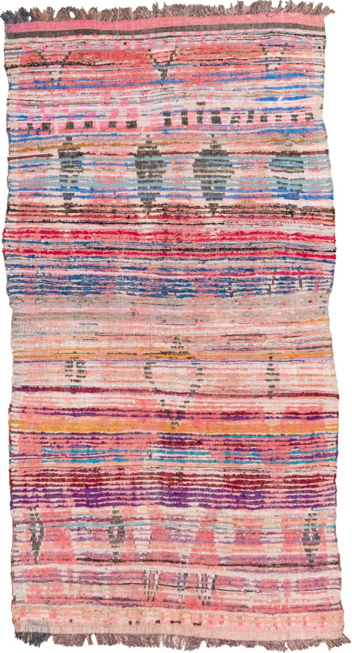 4' x 6' one-of-a-kind handmade vintage Moroccan small size rug. Color palette: blue, brown, gray, light gray, off-white