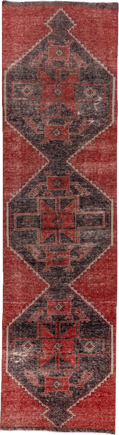 3' x 12' one-of-a-kind handmade vintage Oushak runner rug. Color palette: brown, gray, pink, red
