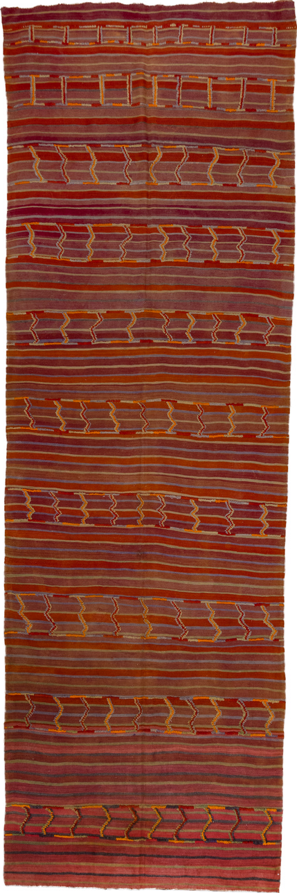 5' x 18' one-of-a-kind handmade vintage Kilim rug. Color palette: brown, red, gray, pink