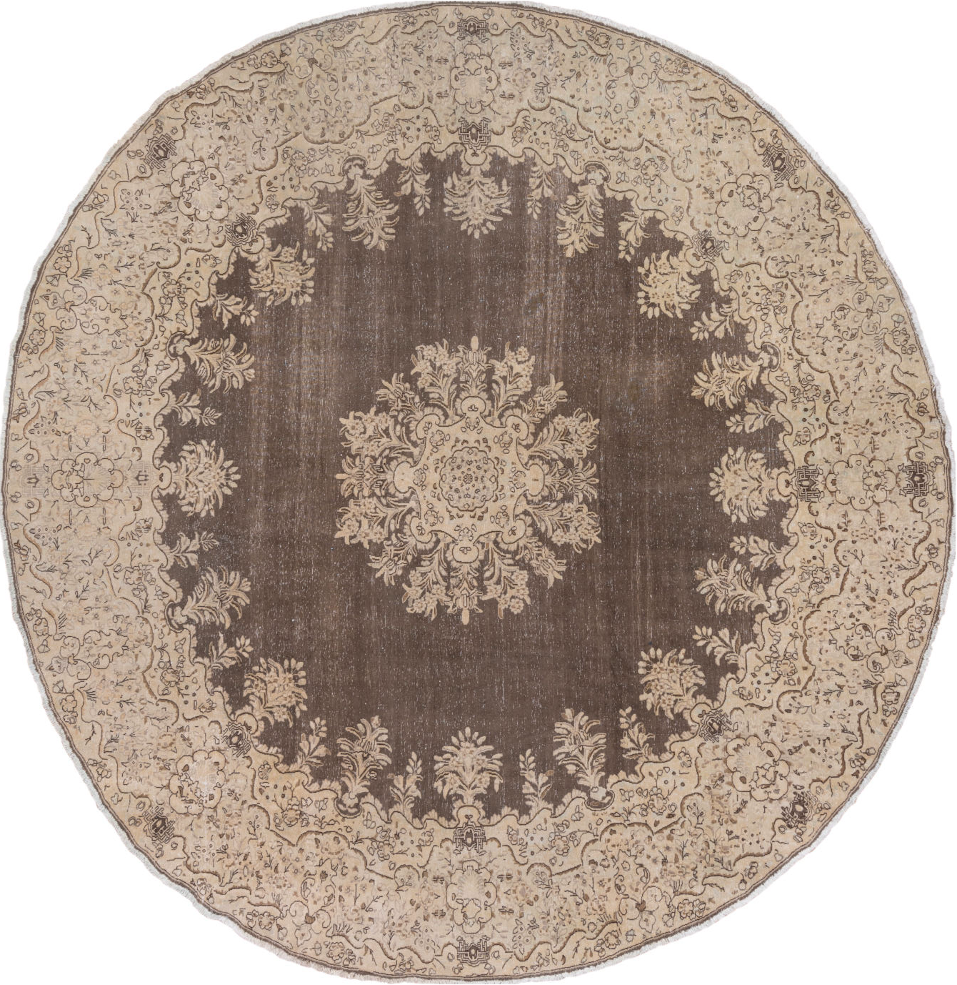 9' x 9' one-of-a-kind handmade vintage Tabriz rug. Color palette: brown, gray, light gray, off-white, pink