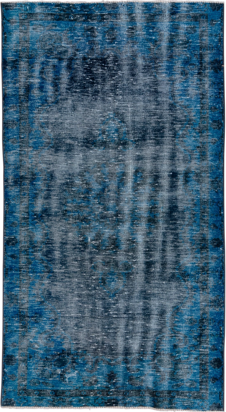 3' x 6' one-of-a-kind handmade vintage Overdyed small size rug. Color palette: arapawa, blue, gray, light blue, light gray
