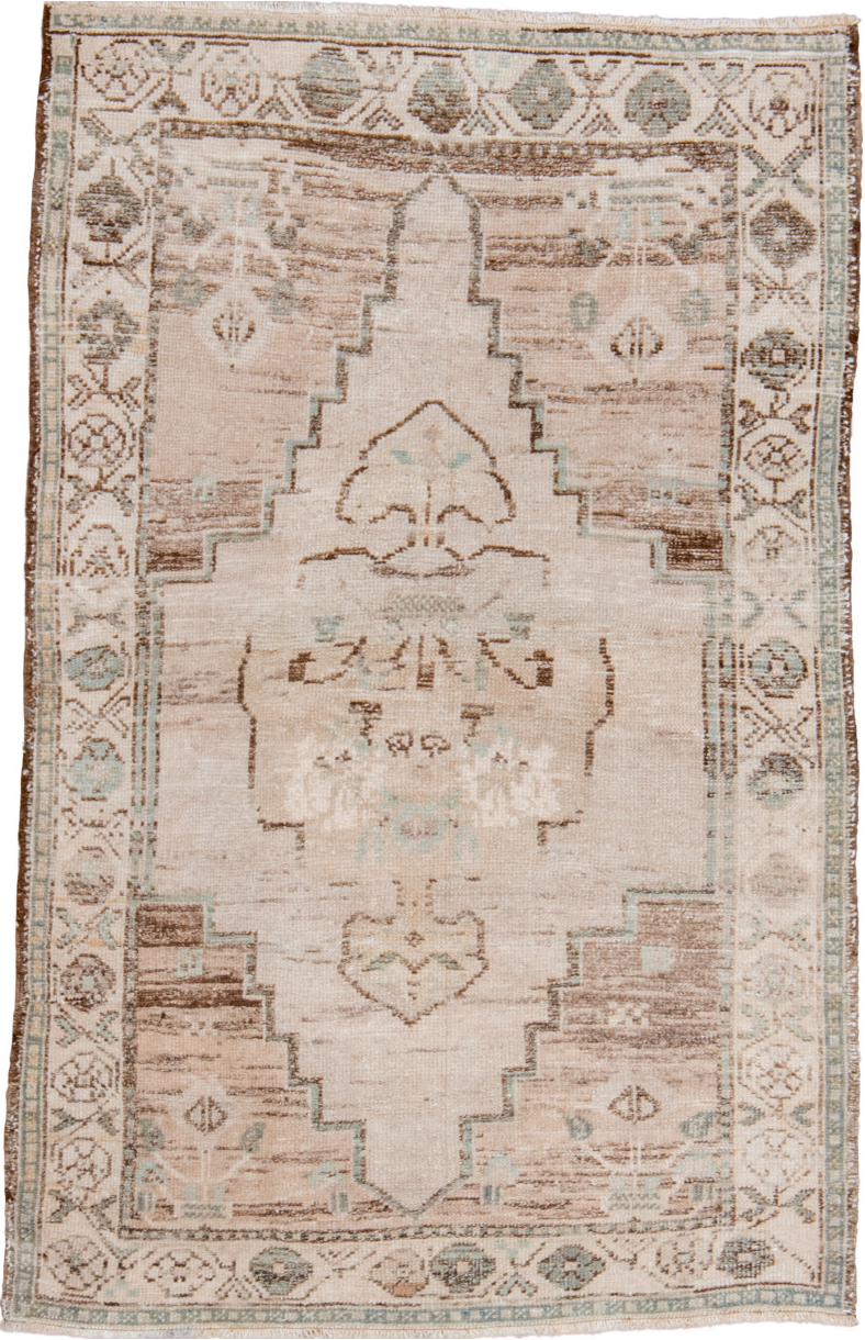 3' x 4' one-of-a-kind handmade vintage Oushak small size rug. Color palette: brown, dark gray, dim gray, gray, light gray