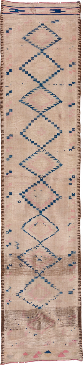 2' x 11' one-of-a-kind handmade vintage Oushak runner rug. Color palette: blue, brown, dark gray, gray, light gray