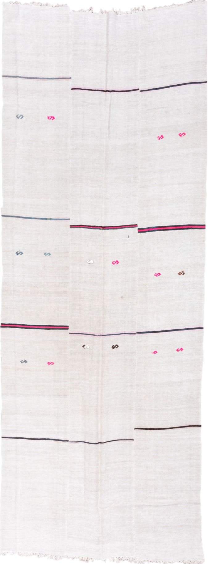 5' x 14' one-of-a-kind handmade vintage Hemp Kilim rug. Color palette: blue, dark gray, floral white, gainsboro, ghost white