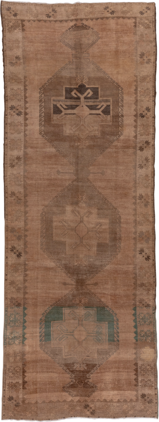 4' x 12' one-of-a-kind handmade vintage Oushak runner rug. Color palette: brown, gray, light gray, off-white, pink, snow