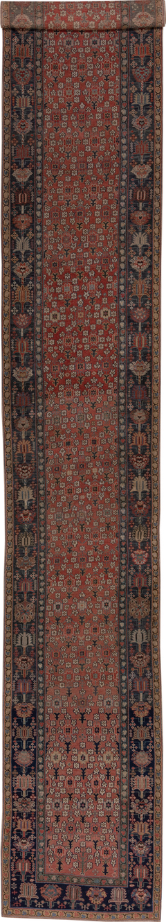 3' x 19' one-of-a-kind handmade vintage Shirvan runner rug. Color palette: gray, brown, black, pink, red, off-white, redwood