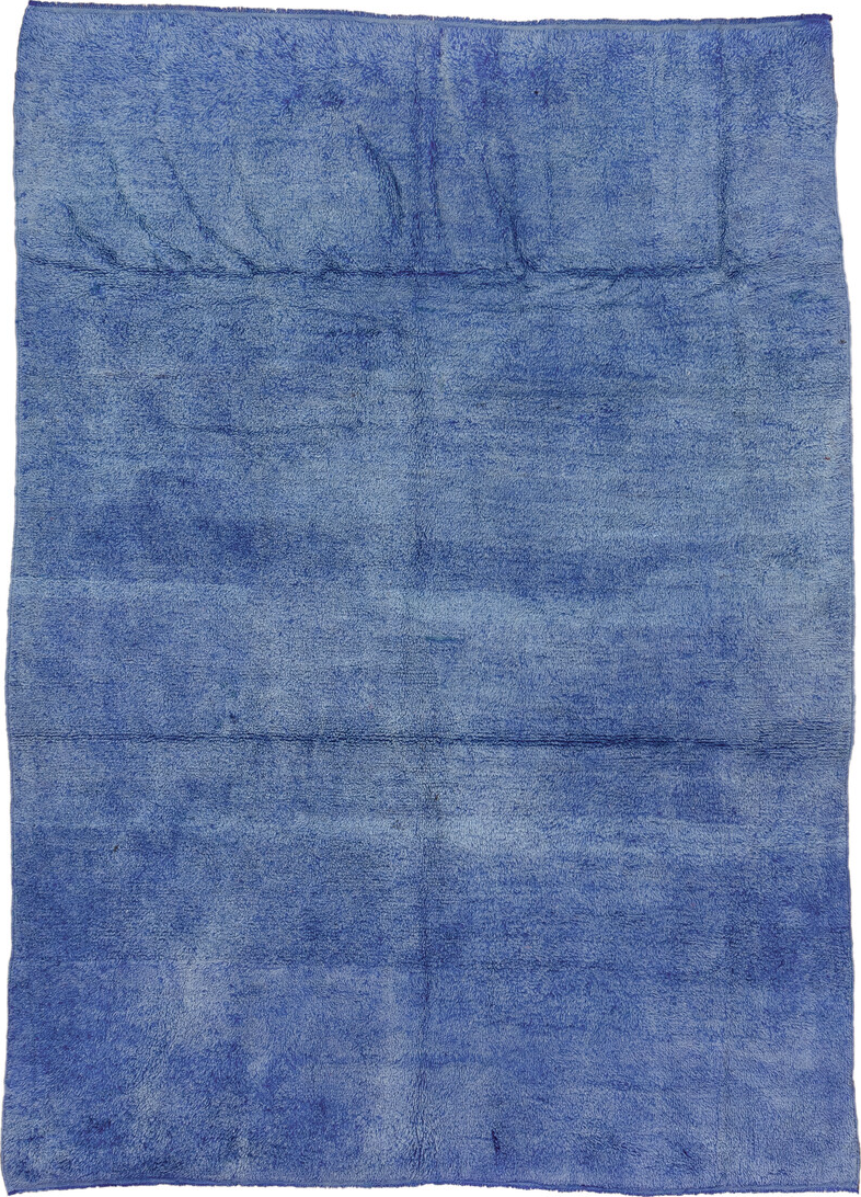 7' x 9' one-of-a-kind handmade vintage Moroccan rug. Color palette: blue, gray, light blue, fiord, light steel blue