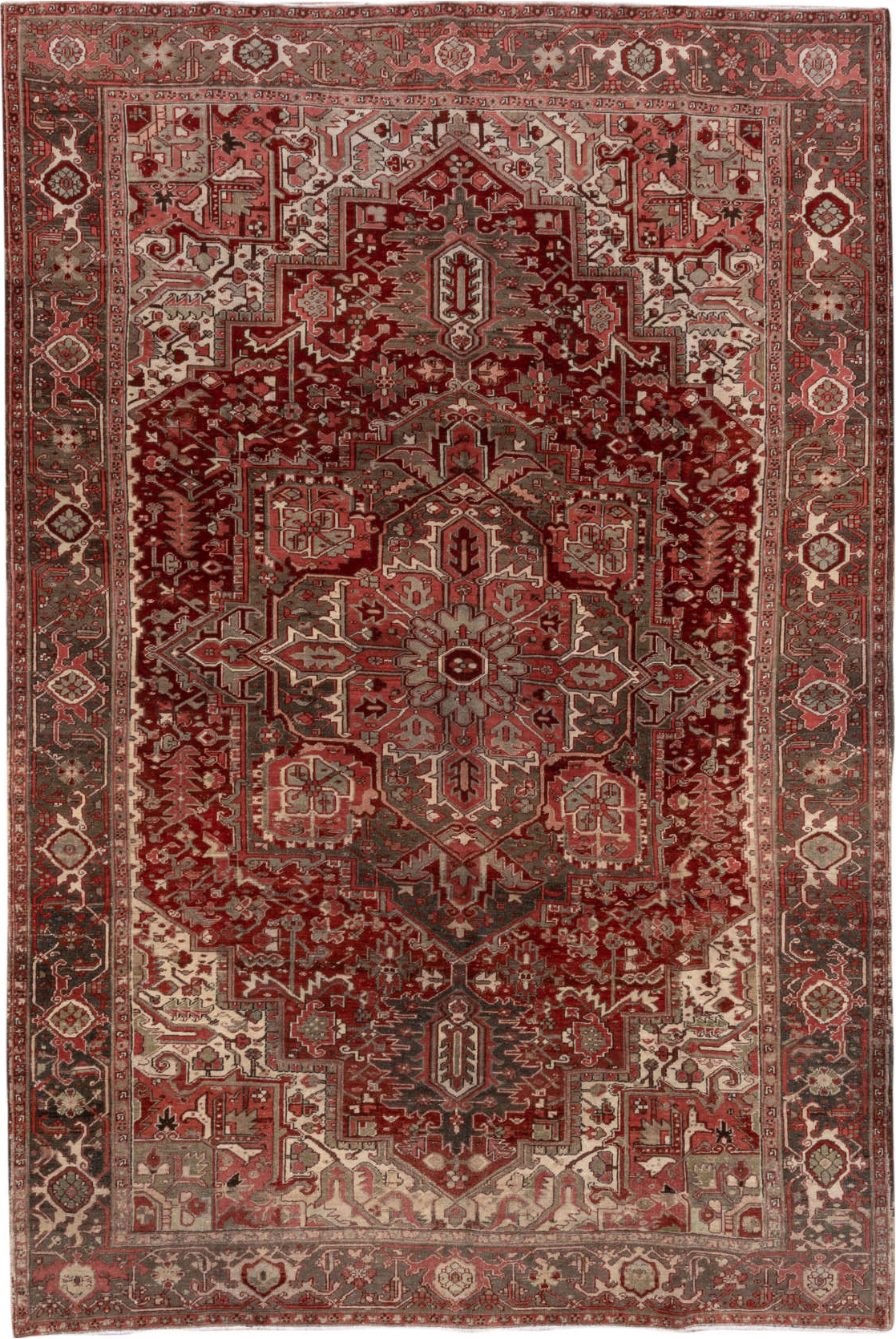 8' x 12' one-of-a-kind handmade vintage Heriz large size rug. Color palette: brown, gray, light gray, pink, red