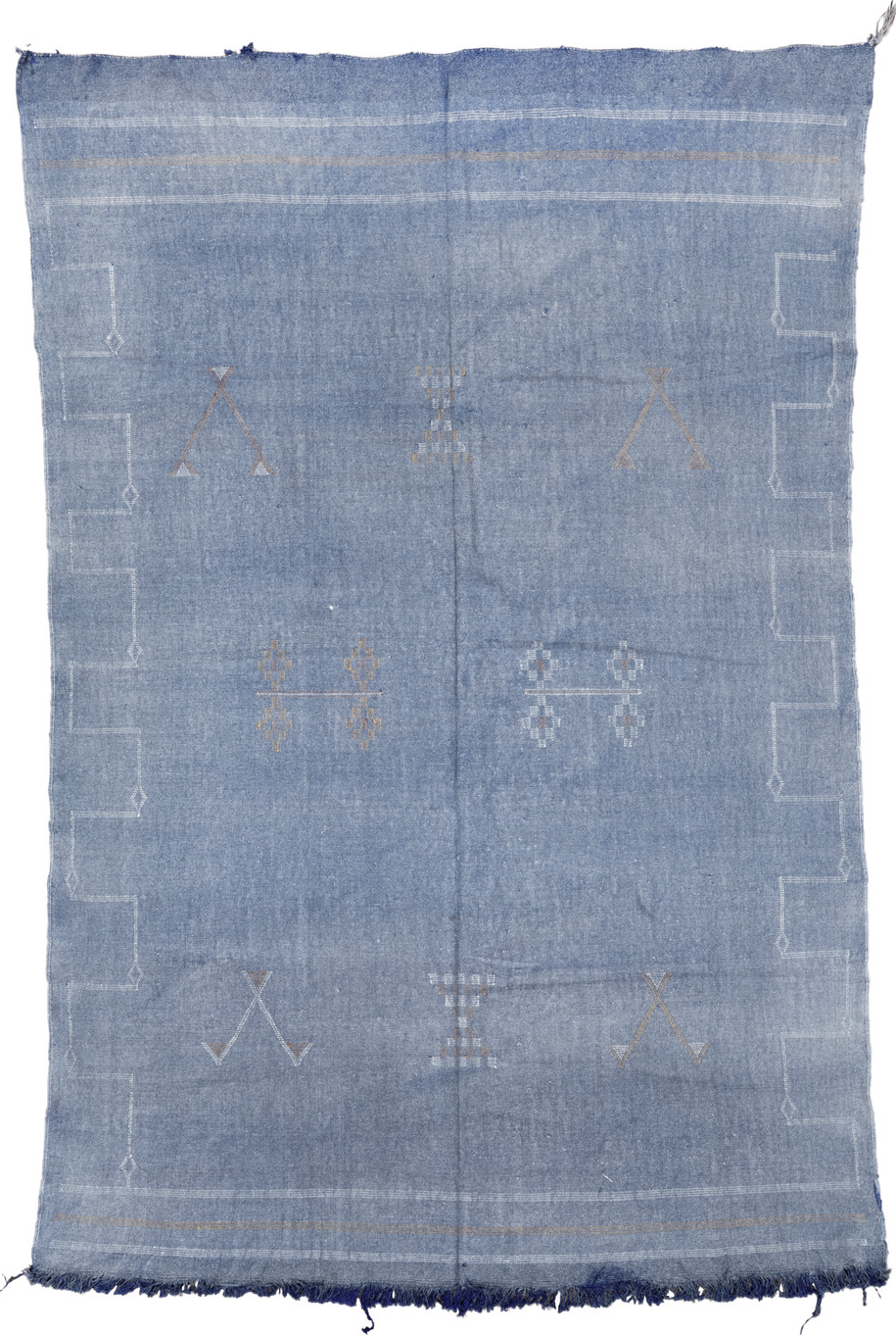 5' x 8' one-of-a-kind handmade vintage Cactus Kilim medium size rug. Color palette: gray, blue, light gray, off-white