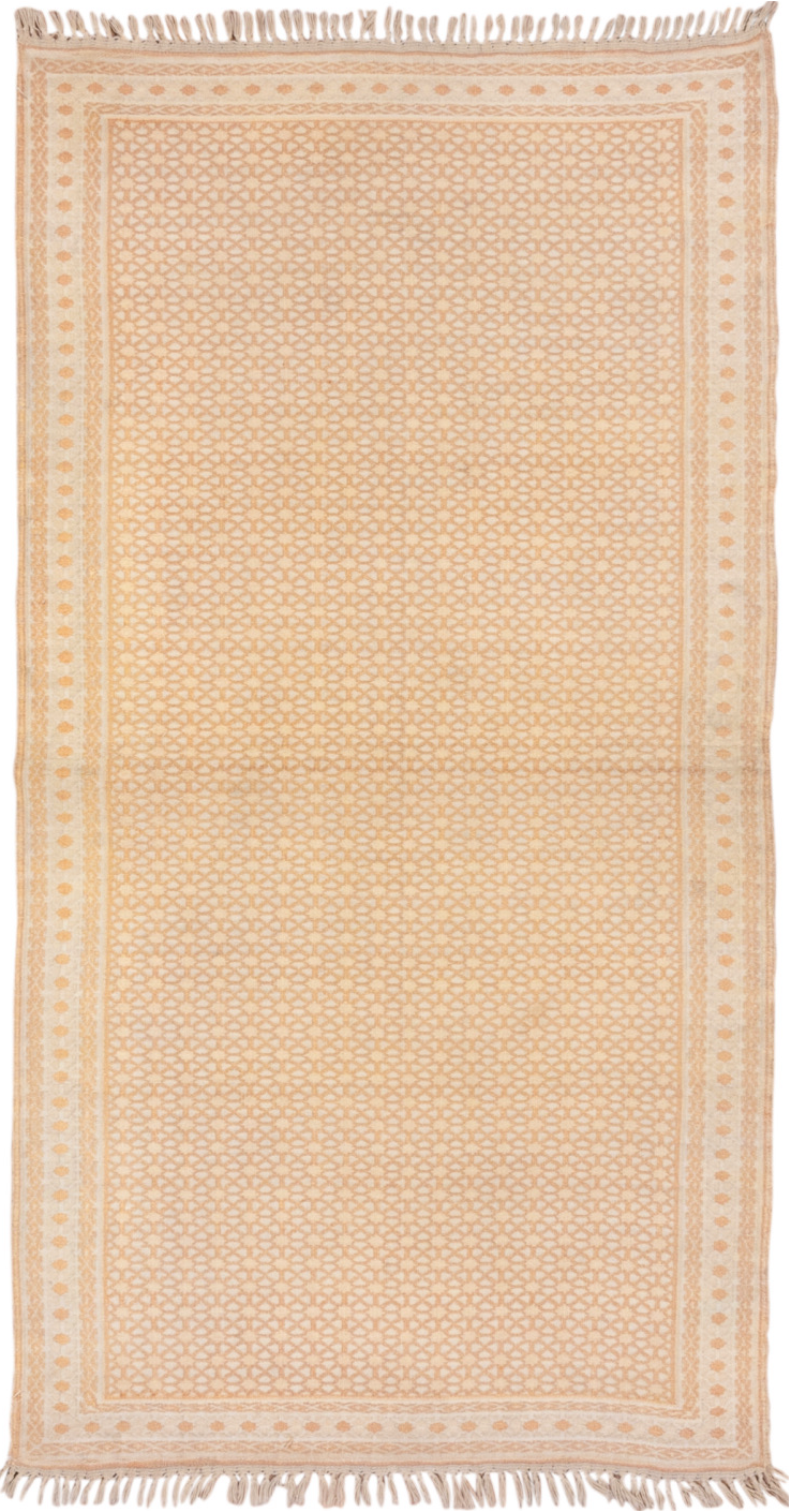 3' x 6' one-of-a-kind handmade vintage Dhurrie small size rug. Color palette: antiquewhite, brown, burlywood, off-white