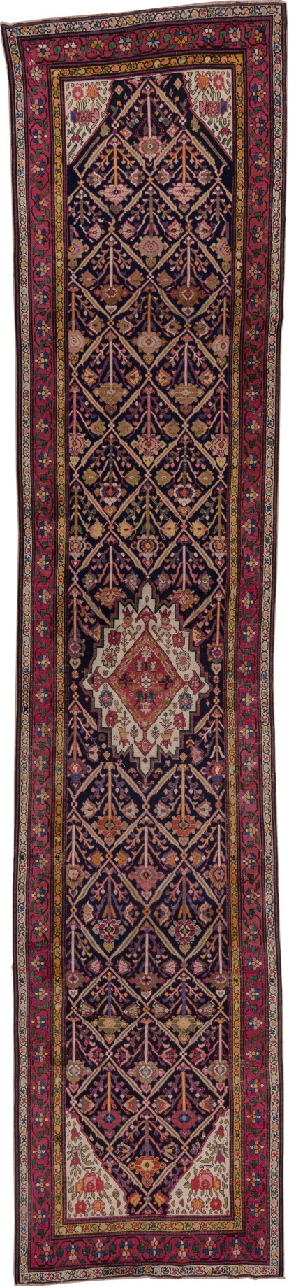 3' x 16' one-of-a-kind handmade vintage Karabagh runner rug. Color palette: black, blue, brown, gray, pink, red