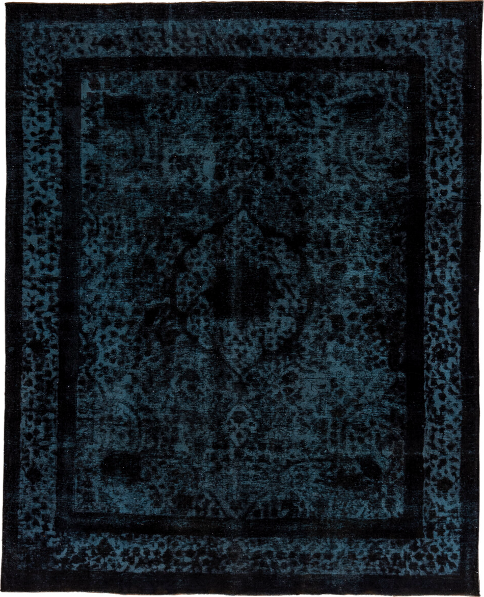 9' x 12' one-of-a-kind handmade vintage Overdyed large size rug. Color palette: blue, gray, black, arapawa