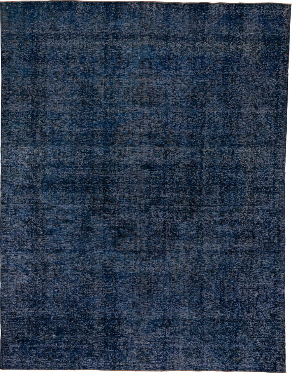 9' x 12' one-of-a-kind handmade vintage Overdyed large size rug. Color palette: gray, off-white, black, blue, light blue