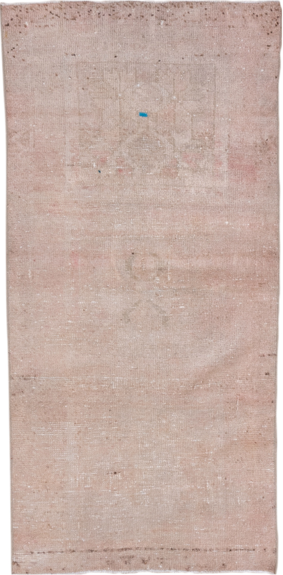 2' x 5' one-of-a-kind handmade vintage Oushak small size rug. Color palette: brown, gray, light gray, off-white, pink, snow