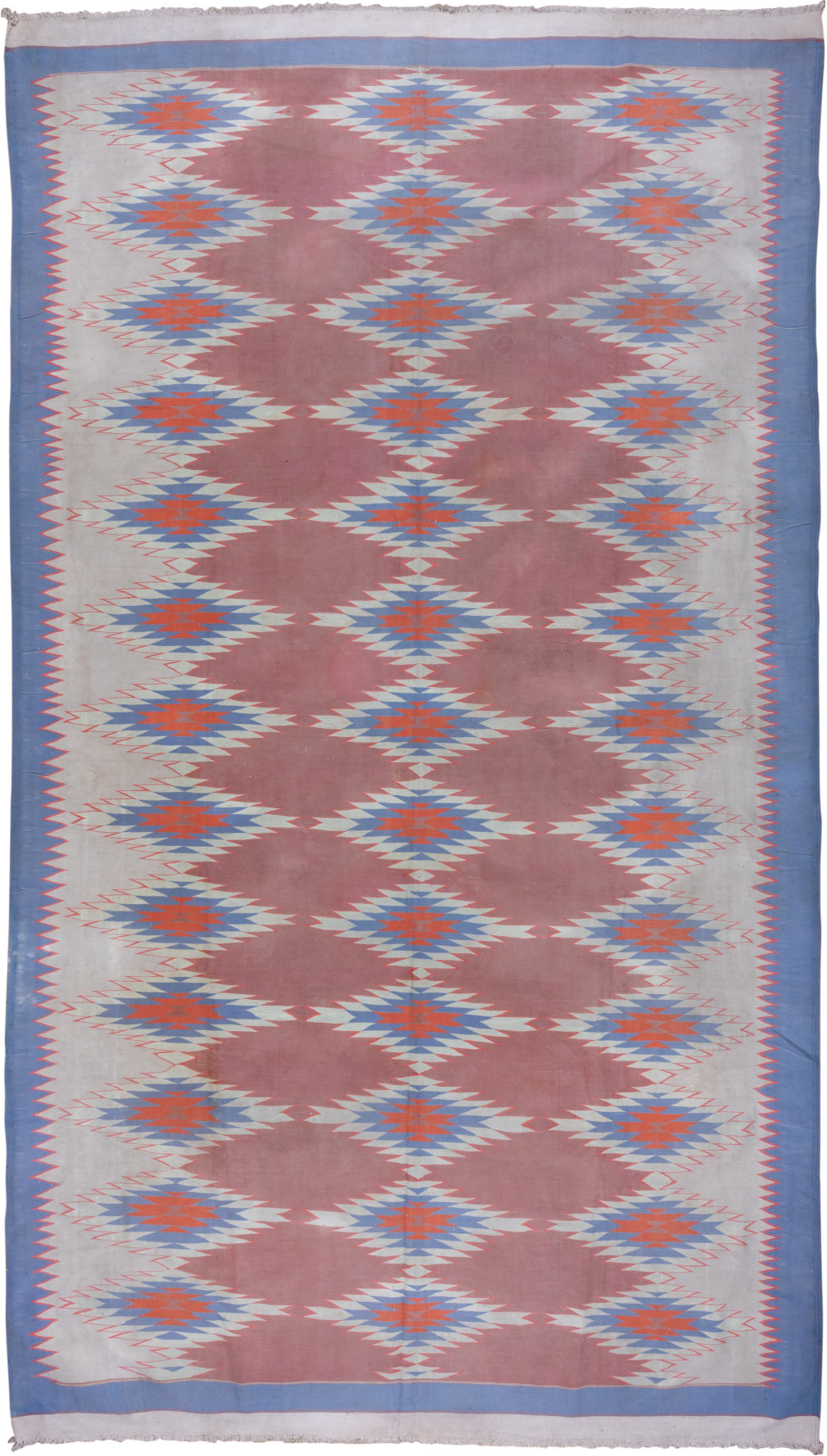 9' x 16' one-of-a-kind handmade vintage Dhurrie rug. Color palette: blue, dark gray, gray, light gray, off-white, pink, red