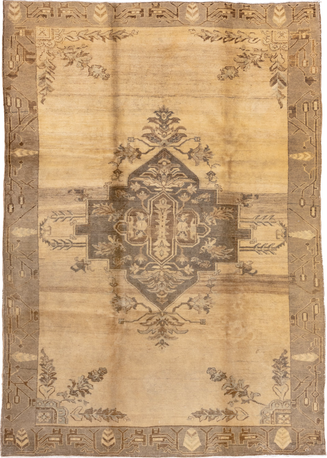7' x 10' one-of-a-kind handmade vintage Oushak large size rug. Color palette: brown, burlywood, navajo white, off-white