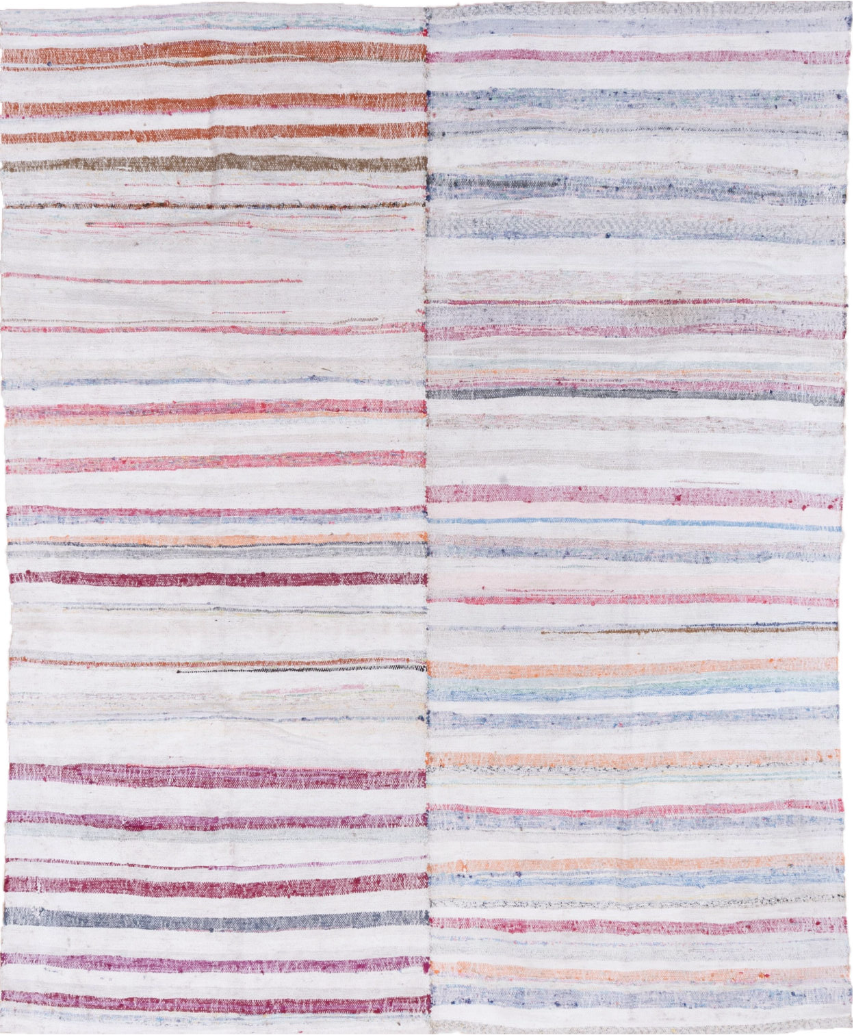 7' x 8' one-of-a-kind handmade vintage Rag Rug rug. Color palette: blue, gray, light blue, light gray, off-white, pink