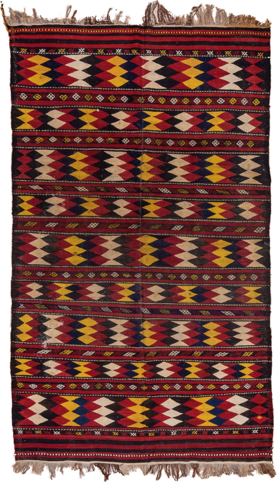 5' x 10' one-of-a-kind handmade vintage Kilim medium size rug. Color palette: black, brown, gray, light gray, off-white