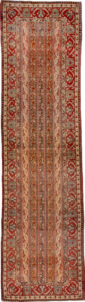 3' x 11' one-of-a-kind handmade vintage Sivas runner rug. Color palette: brown, red, pink, orange, maroon, tan