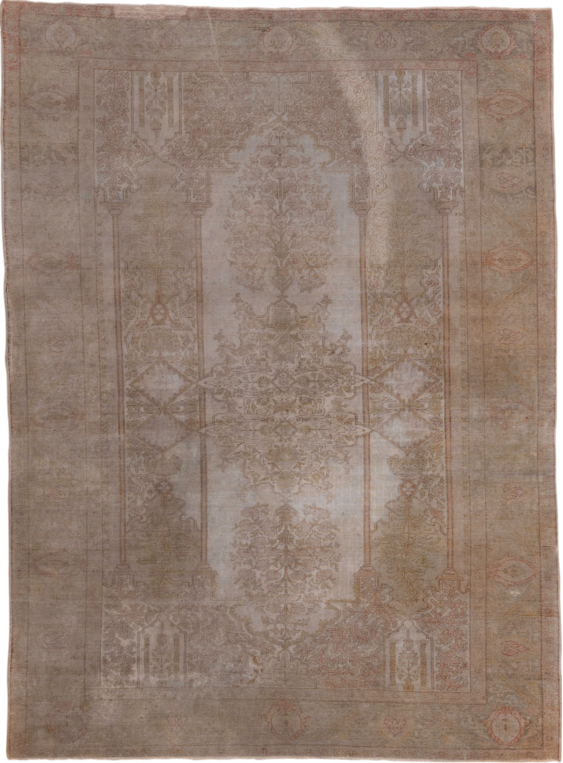 4' x 6' one-of-a-kind handmade vintage Kaisary small size rug. Color palette: brown, gray, pink, light gray, off-white