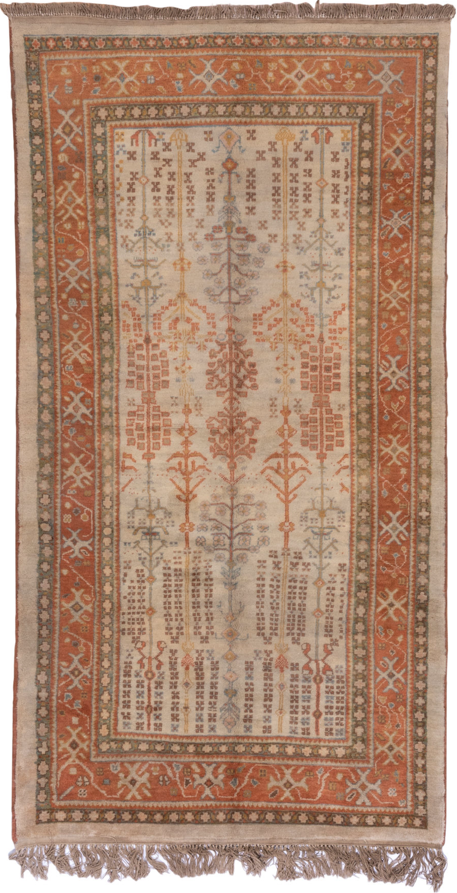 4' x 9' one-of-a-kind handmade vintage Sultanabad rug. Color palette: brown, gray, light gray, off-white, orange, pink