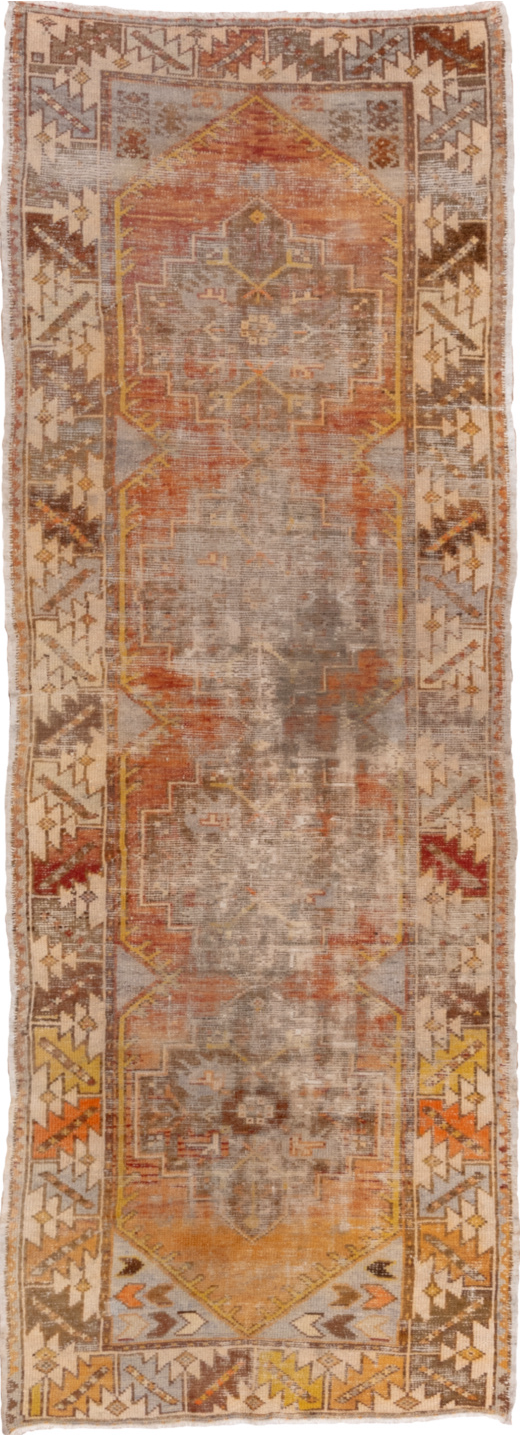 2' x 8' one-of-a-kind handmade vintage Oushak runner rug. Color palette: brown, gray, light gray, off-white, orange, pink