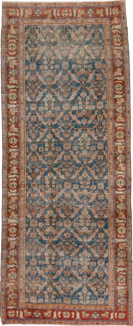 3' x 9' one-of-a-kind handmade vintage Mahal runner rug. Color palette: gray, blue, brown, pink, dim gray