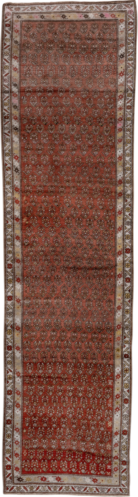 3' x 11' one-of-a-kind handmade vintage Karabagh runner rug. Color palette: brown, gray, light gray, pink, red