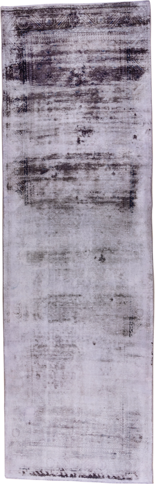 3' x 10' one-of-a-kind handmade vintage Overdyed runner rug. Color palette: blue, gainsboro, gray, light blue, light gray