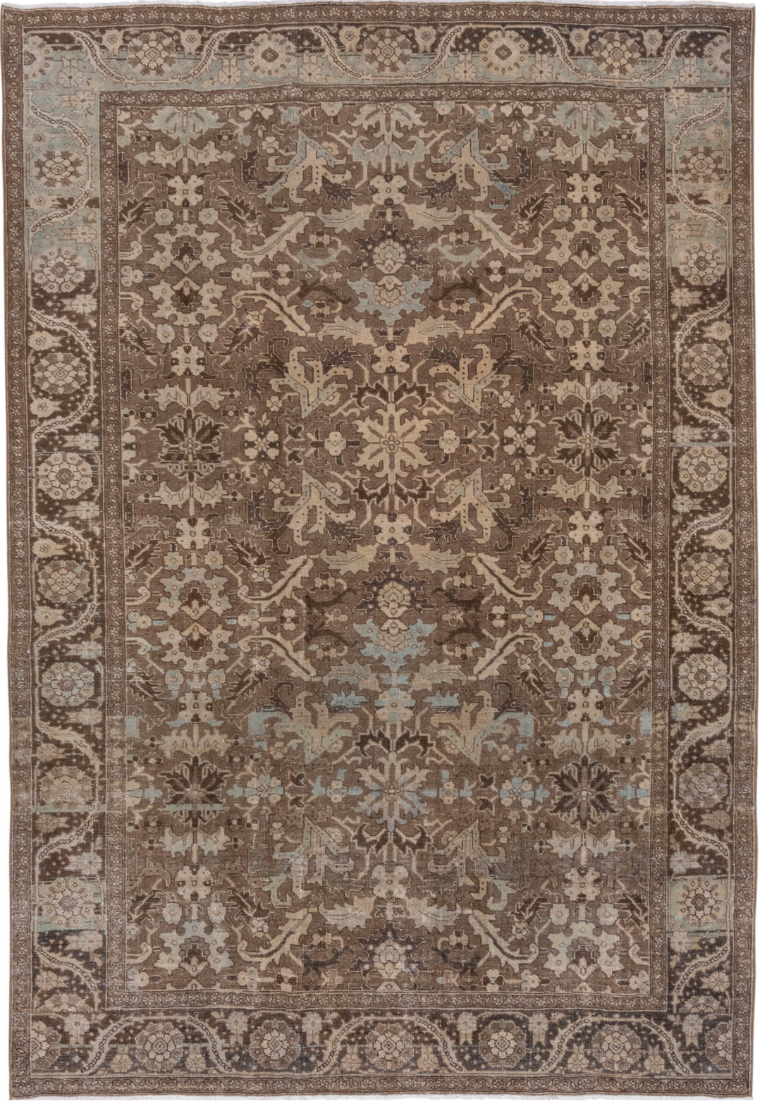 6' x 10' one-of-a-kind handmade vintage Heriz large size rug. Color palette: brown, gray, light gray, off-white, pink, snow