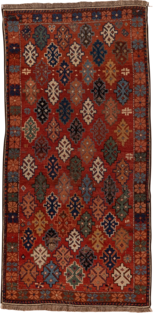 2' x 4' one-of-a-kind handmade vintage Shirvan small size rug. Color palette: black, brown, gray, pink, red