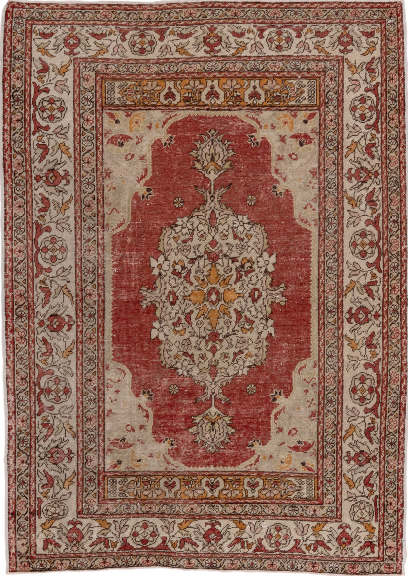 4' x 6' one-of-a-kind handmade vintage Oushak small size rug. Color palette: brown, gray, light gray, pink, red, redwood