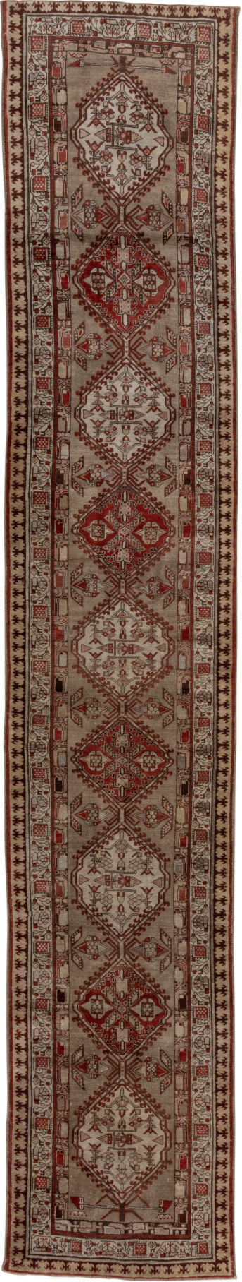 3' x 16' one-of-a-kind handmade vintage Sarab runner rug. Color palette: brown, gray, pink, redwood