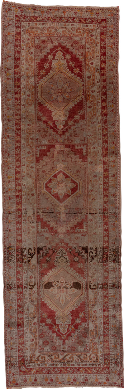 3' x 10' one-of-a-kind handmade vintage Sivas runner rug. Color palette: brown, pink, red, gray, off-white, white, snow