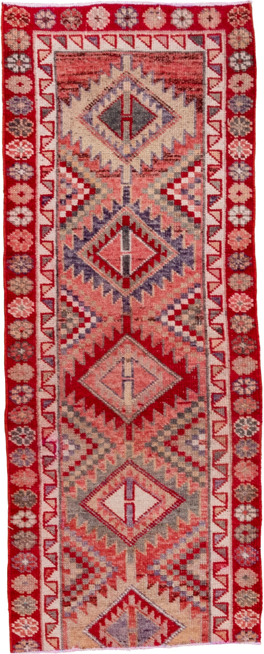 2' x 6' one-of-a-kind handmade vintage Oushak runner rug. Color palette: brown, gray, light gray, pink, red