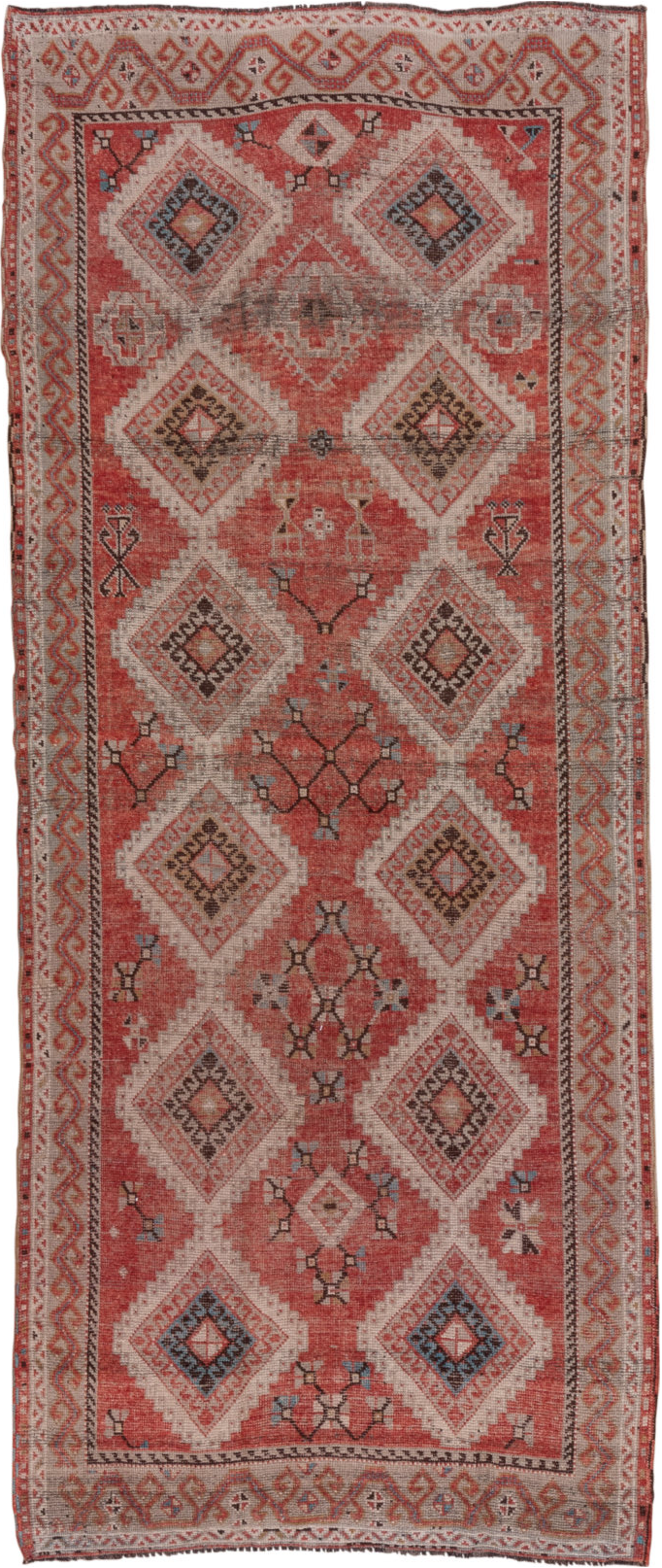 4' x 11' one-of-a-kind handmade vintage Oushak runner rug. Color palette: brown, gray, pink, red