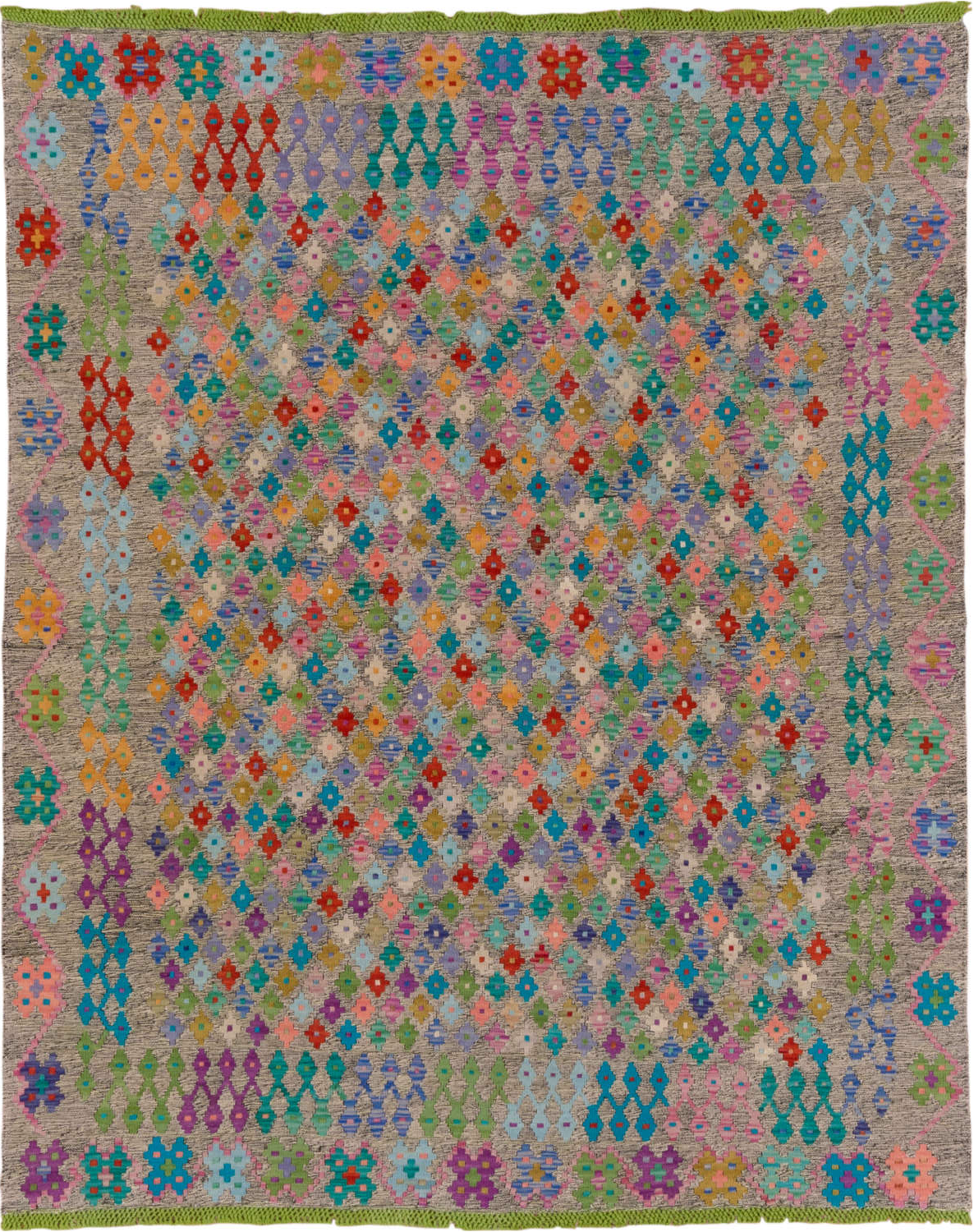 6' x 7' one-of-a-kind handmade vintage Kilim rug. Color palette: blue, brown, dark cyan, gray, green, orange, peru, pink