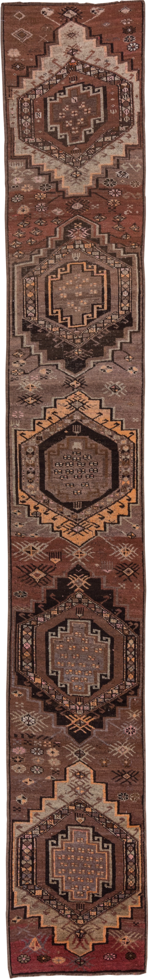2' x 14' one-of-a-kind handmade vintage Kars runner rug. Color palette: brown, gray, pink, redwood