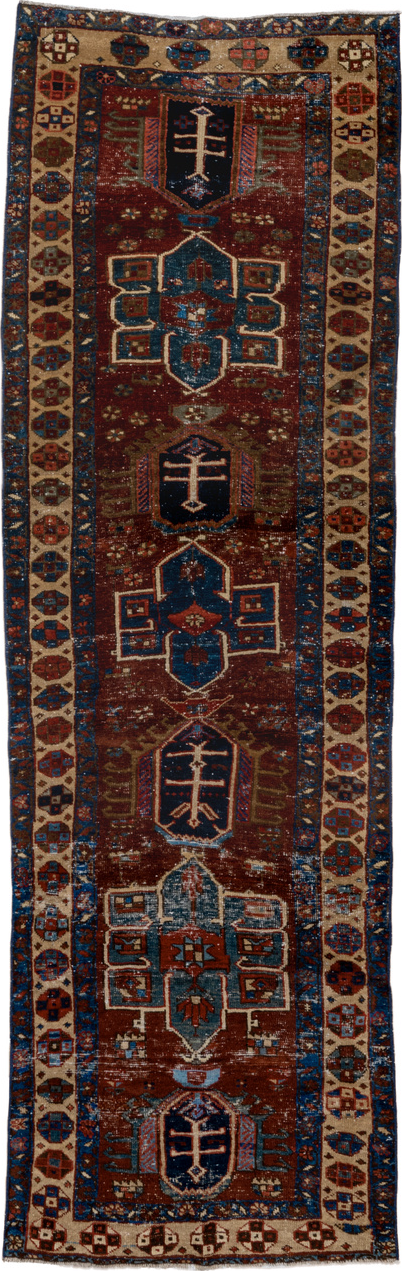 2' x 8' one-of-a-kind handmade vintage Heriz runner rug. Color palette: brown, gray, black, blue, dim gray, fiord