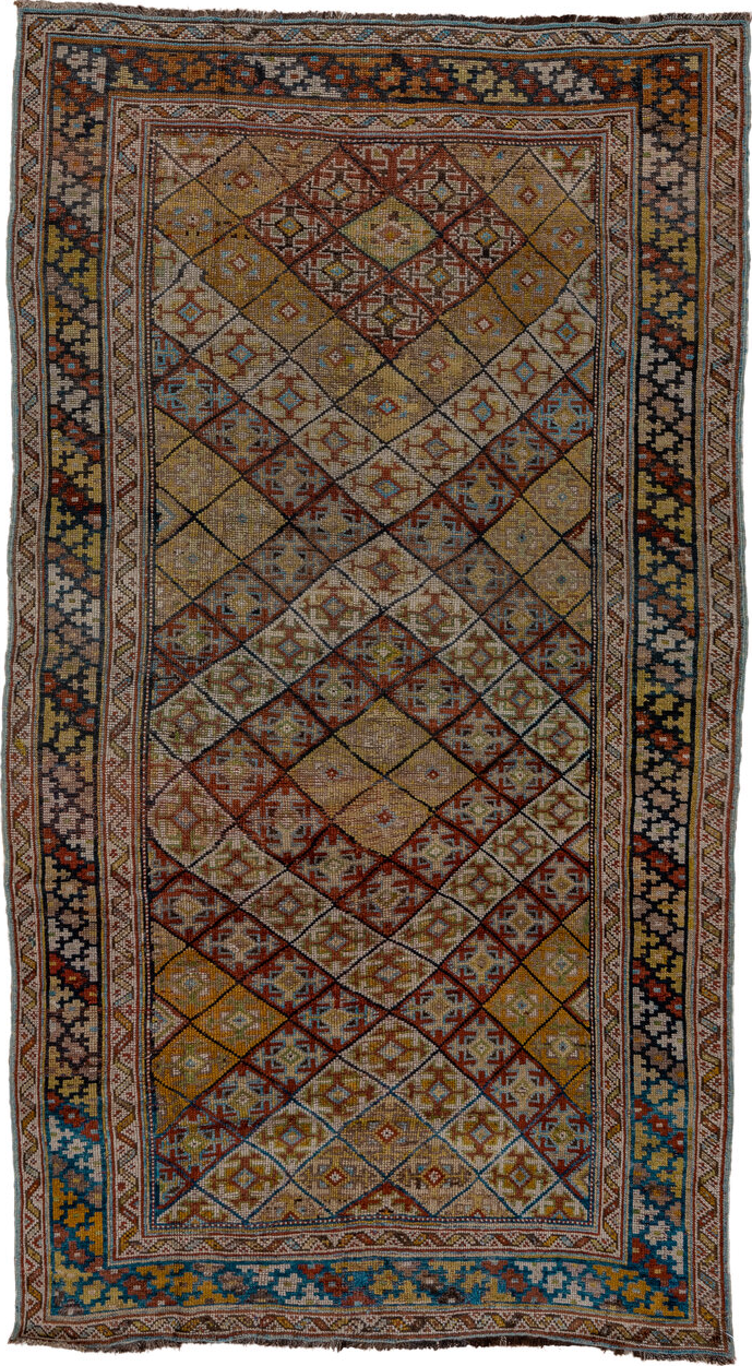4' x 8' one-of-a-kind handmade vintage Kurd rug. Color palette: brown, gray, black, dim gray