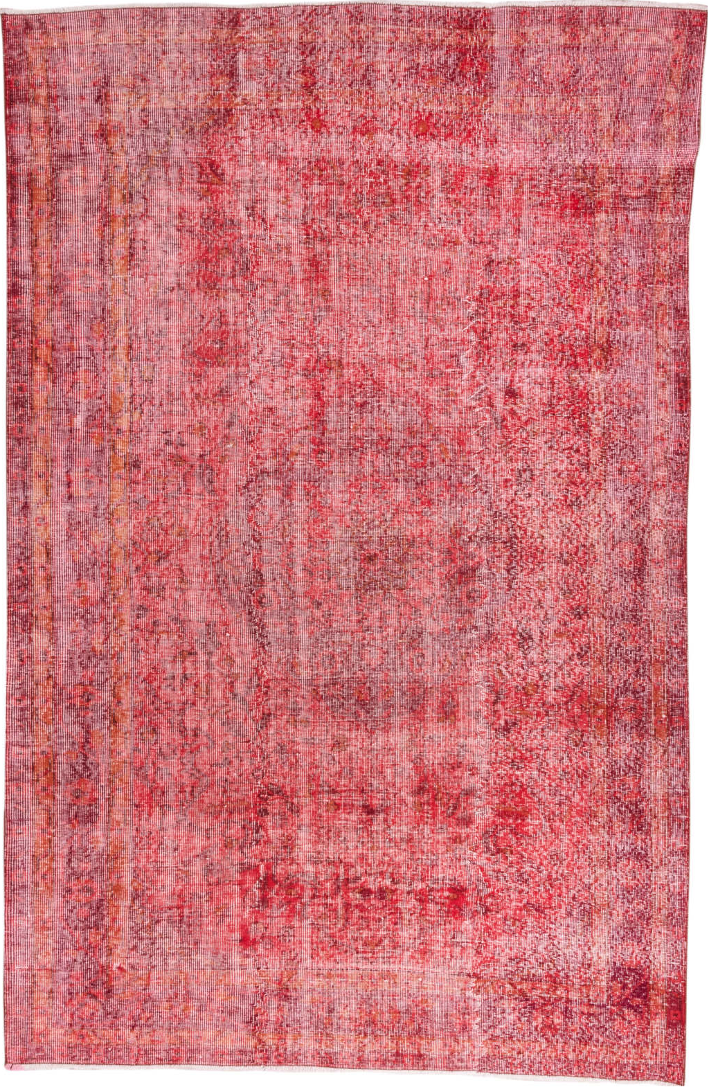 5' x 9' one-of-a-kind handmade vintage Overdyed medium size rug. Color palette: brown, indian red, light coral, light pink