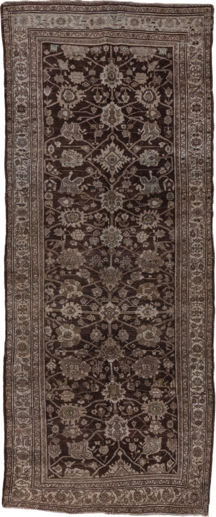 4' x 10' one-of-a-kind handmade vintage Bidjar runner rug. Color palette: brown, gray, light gray, off-white, pink, silver