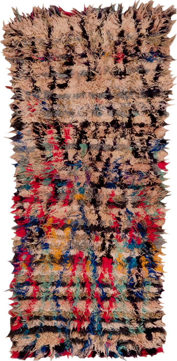 2' x 5' one-of-a-kind handmade vintage Rag Rug small size rug. Color palette: black, blue, brown, dim gray, gray, orange