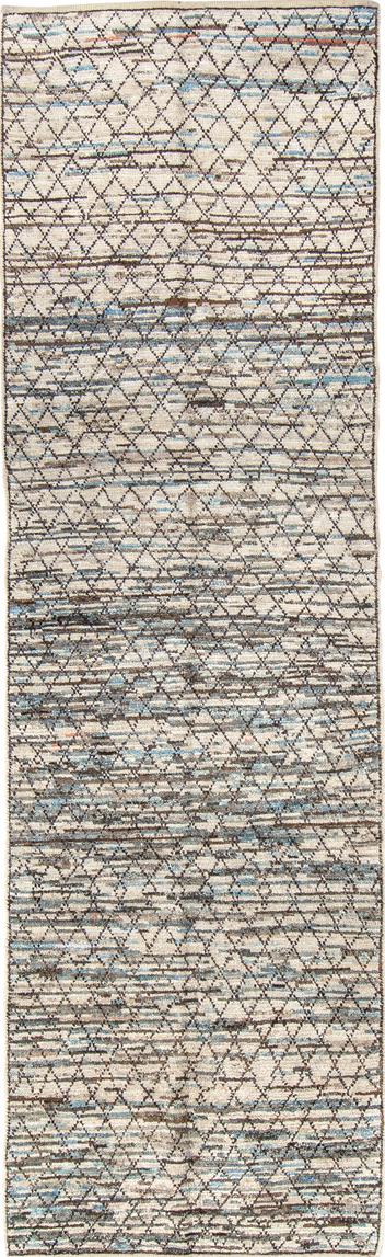2' x 9' one-of-a-kind handmade vintage Tulu runner rug. Color palette: black, blue, brown, dark gray, gray, light gray