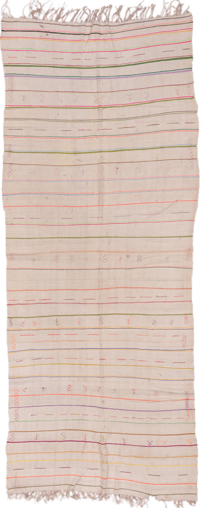 4' x 10' one-of-a-kind handmade vintage Textile runner rug. Color palette: brown, dark gray, gray, light gray, off-white