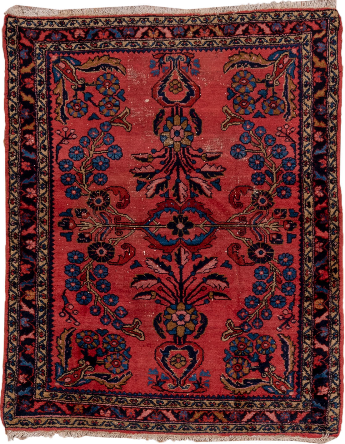 3' x 4' one-of-a-kind handmade vintage Lilian small size rug. Color palette: blue, brown, fiord, gray, pink, red, redwood