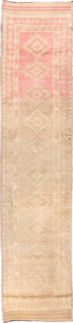 2' x 12' one-of-a-kind handmade vintage Kars runner rug. Color palette: pink, brown, off-white, orange, tan, bisque
